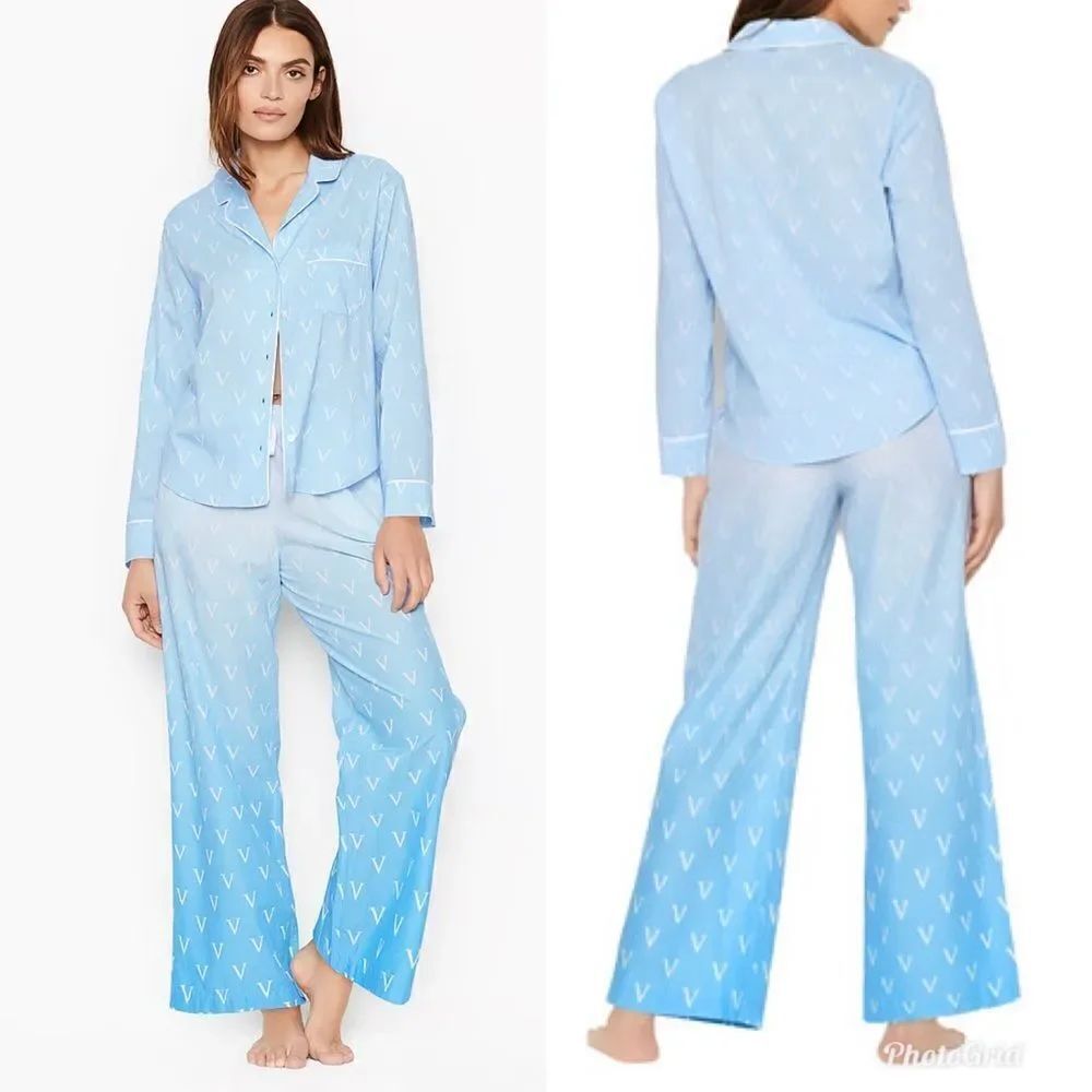 Victoria’s Secret Cotton Blue Ombré Button Down PJ Pajama Set